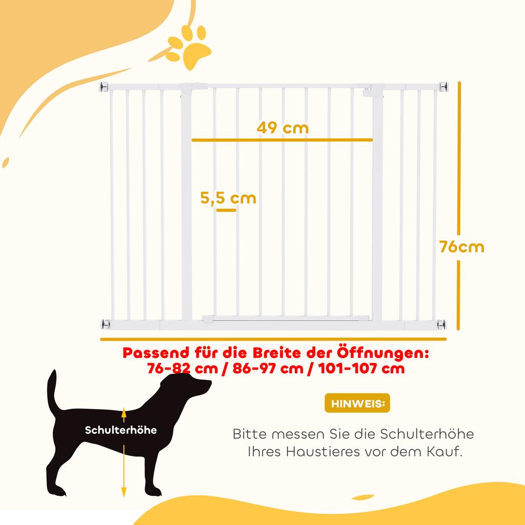 Dog Gate Pet Safety Gate Stair Barrier Pressure Mount Adjustable 76-82/86-97/101-107 cm, White