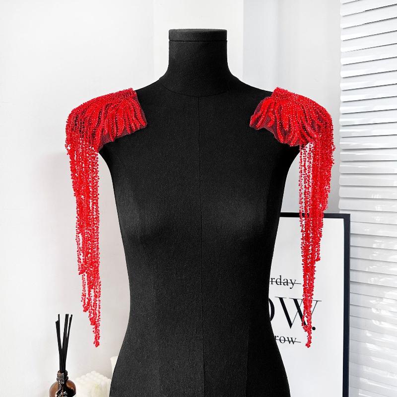 1Pc Long Tassel Chain Sequin Shoulder Ornaments Wedding Dress Performance Clothing Fashion Shoulder Boards Embroidery Patch