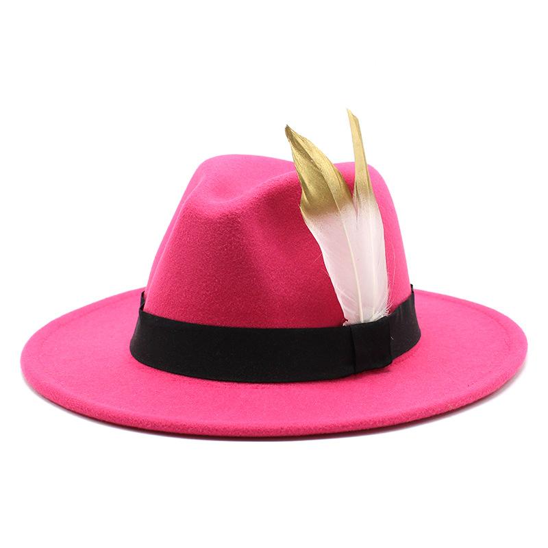 Trendy Wide-Brimmed Hat Woolen Top Hat Versatile Feather Flat Edge Jazz Hat British Style