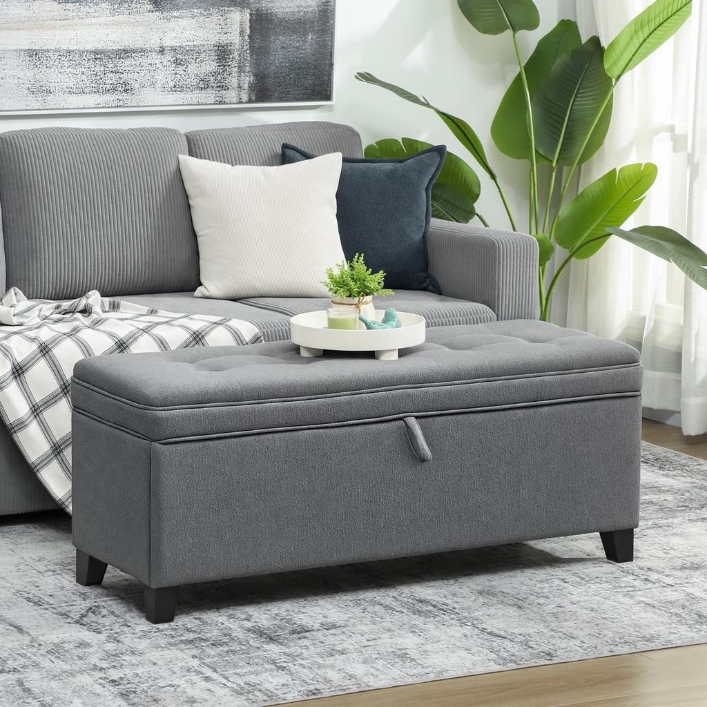 Storage Bench, Upholstered Bench 120x40x48 Cm with Safety Hinges, Linen Look, Dark Gray