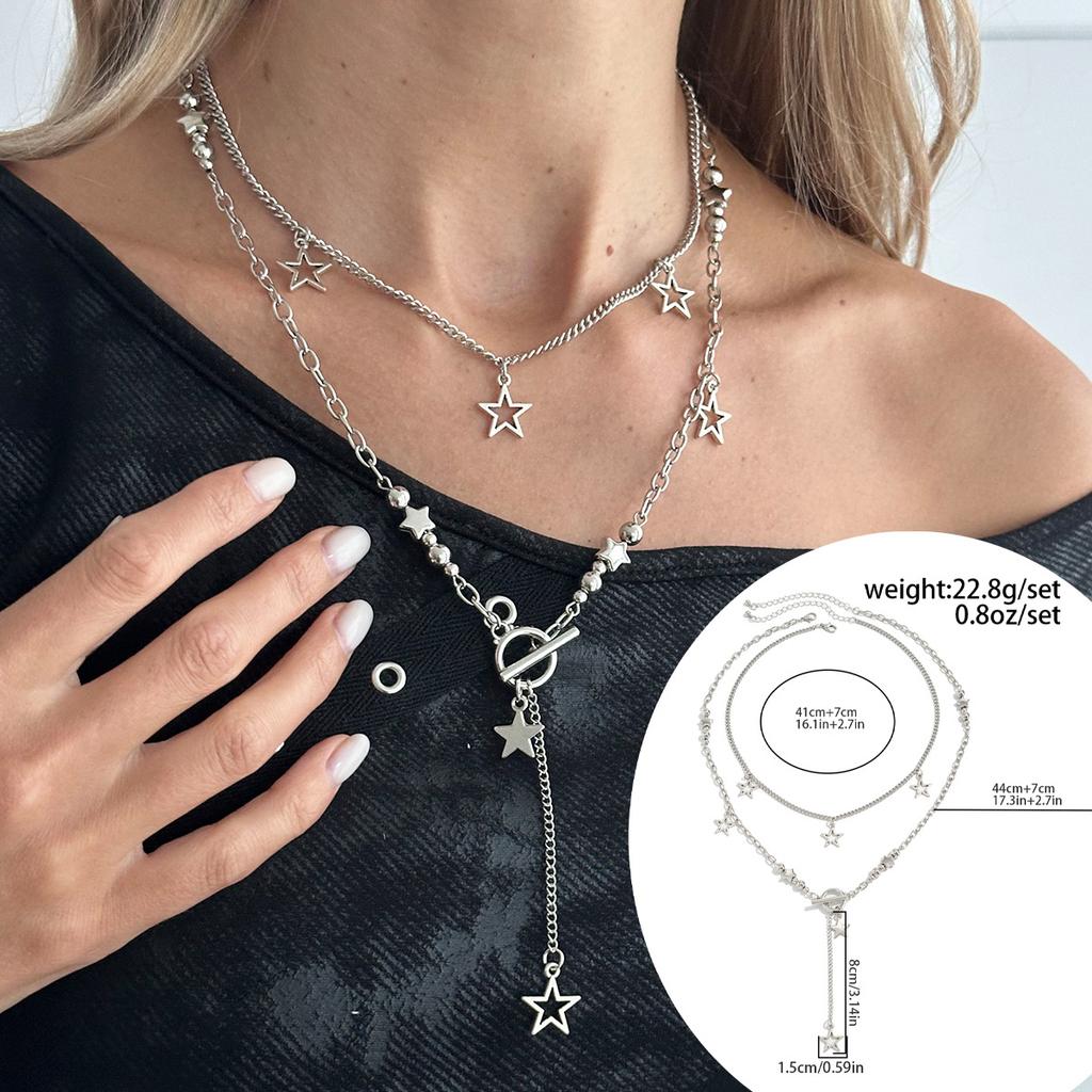 Hip-Hop Style Shiny Star Pendant Necklace, Fashionable Five-Pointed Star Rhinestone Chain Stacked Necklace.