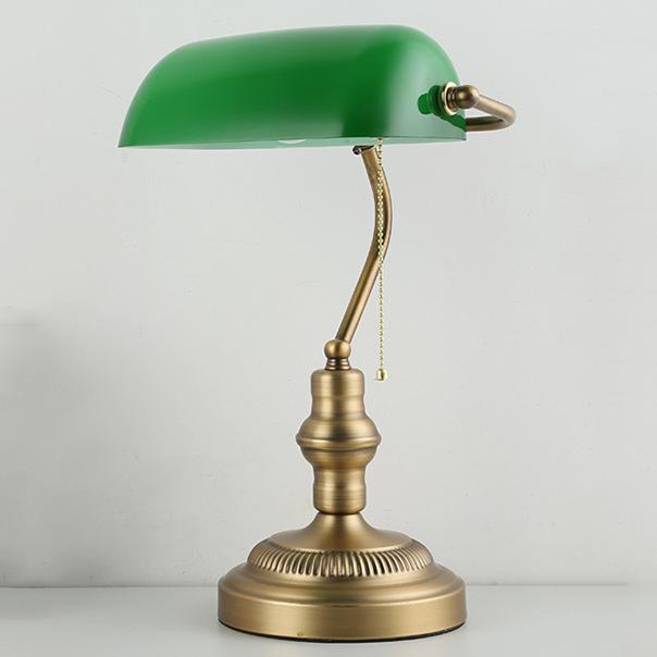 Retro American Green Glass Bedside Lamp, Antique Bronze Desk Lamp for Office or Bedroom Decor