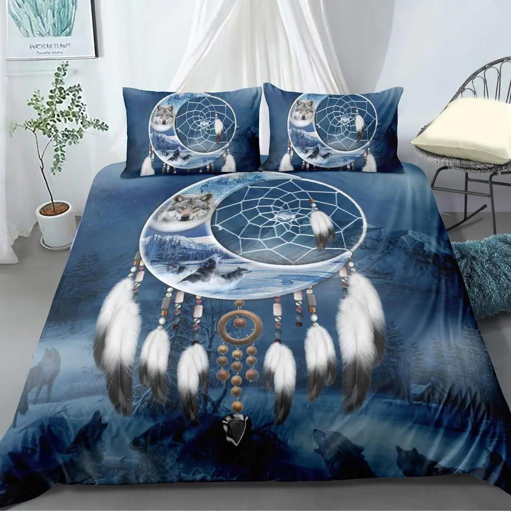 Dream Catcher Printed Duvet Set Bohemian Feather Design Bedding Set Three-Piece Set