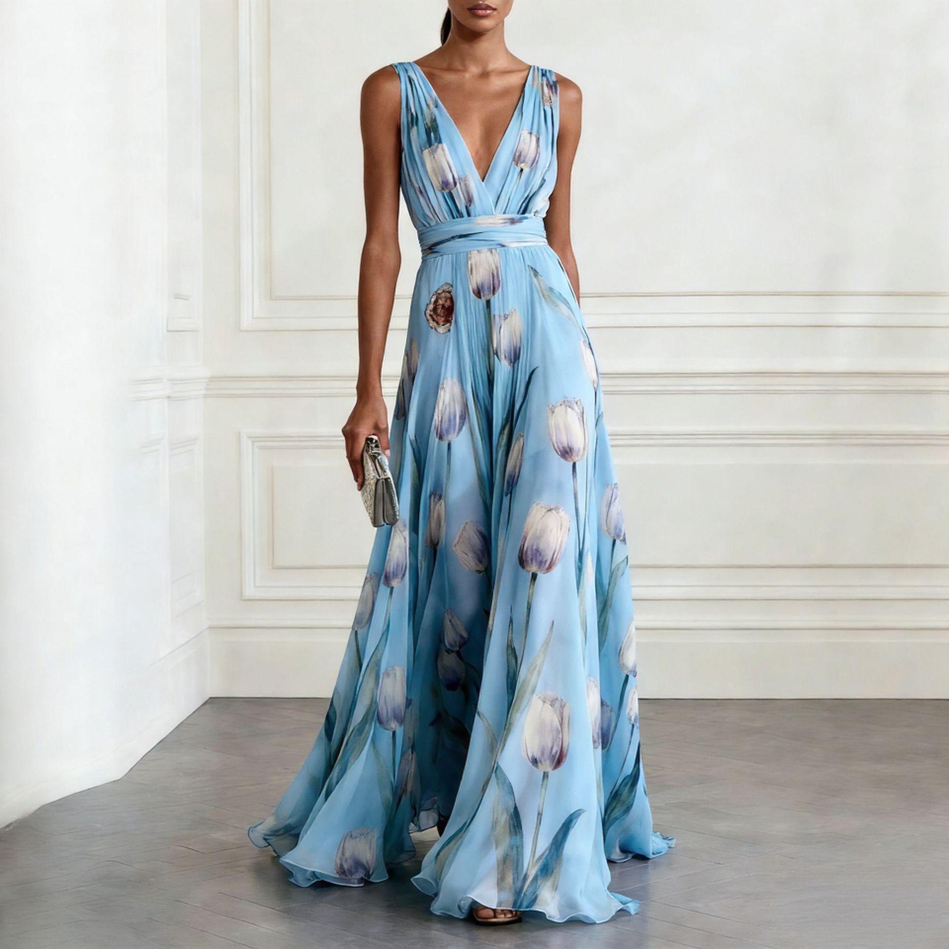 

Floral Tulip Print V Neck Sleeveless Maxi Dress with Tie Waist S небесно-голубой