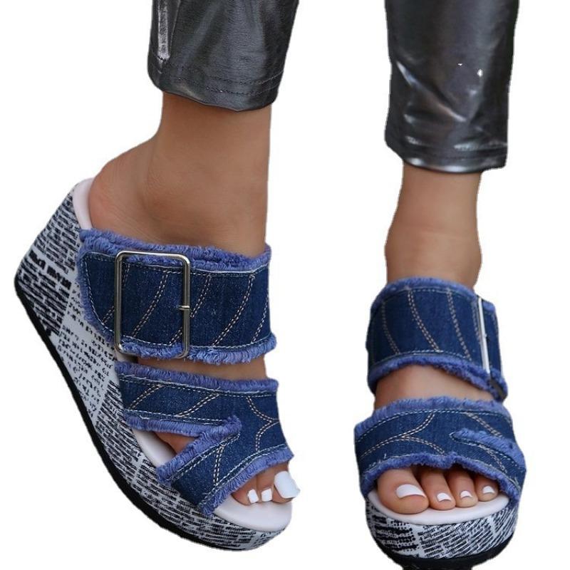 Modă Modă Pantofi cu Pană Femei Nou Vară Plat Curea Design Cataramă Papuci Femei Albastru Toc Înclinat Papuci Doamnelor Sandale Denim de Plajă