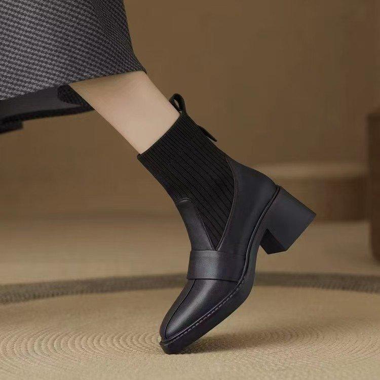 New Knitted Tube Thick Heel Short Boots Women's 2025 Autumn and Winter French High Heel Thin Boots Brown Martin Boots Elastic Socks Boots