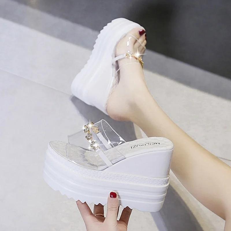 Fashion Hot Selling Slipper Women's 2025 Fashion Platform Sequined Slippers Slope Heels Woman Shoes Rhinestone Transparent Wedges Slide