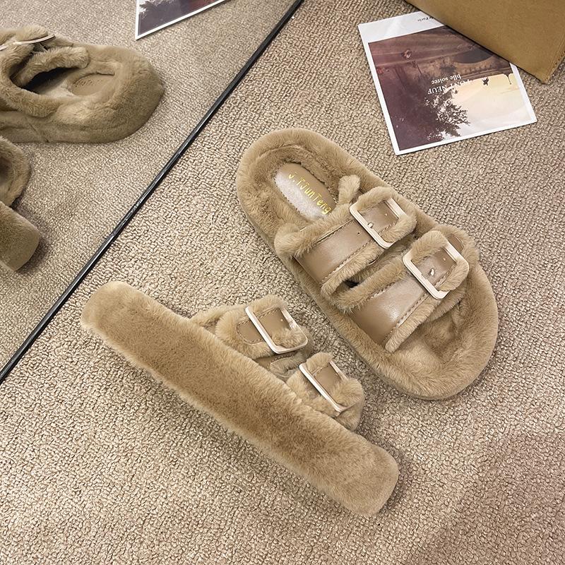 Niche thick-bottomed fluffy slippers women's fashion buckle with autumn and winter one-word mop 2025 new velvet warm cotton mop