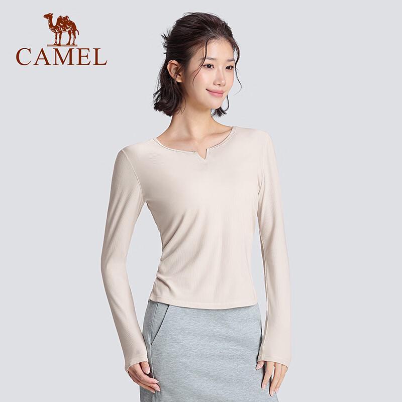 CAMEL Women's V-Neck Slim-Fit Long Sleeve Yoga Top
