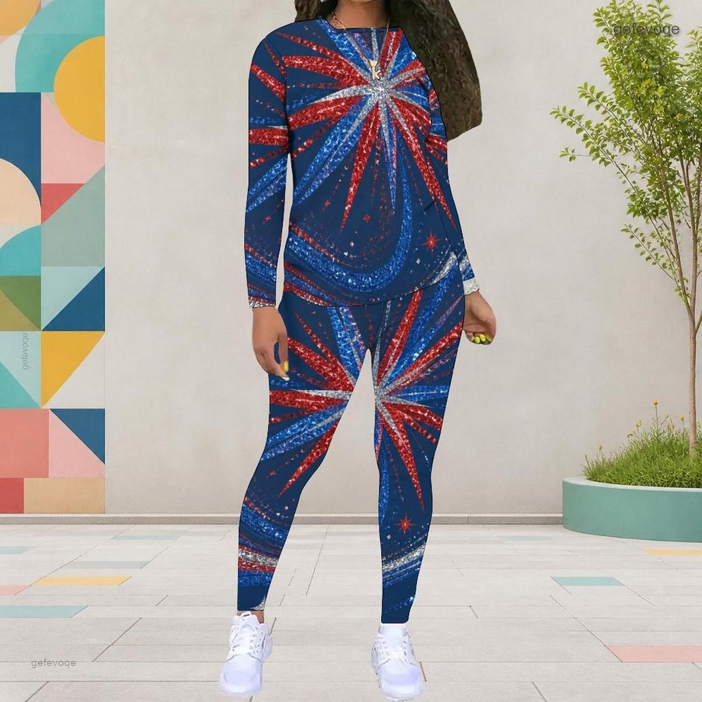 Damen Übergröße Rundhals Langarm Bedrucktes Oberteil und Enganliegende Hose Zweiteiliges Set