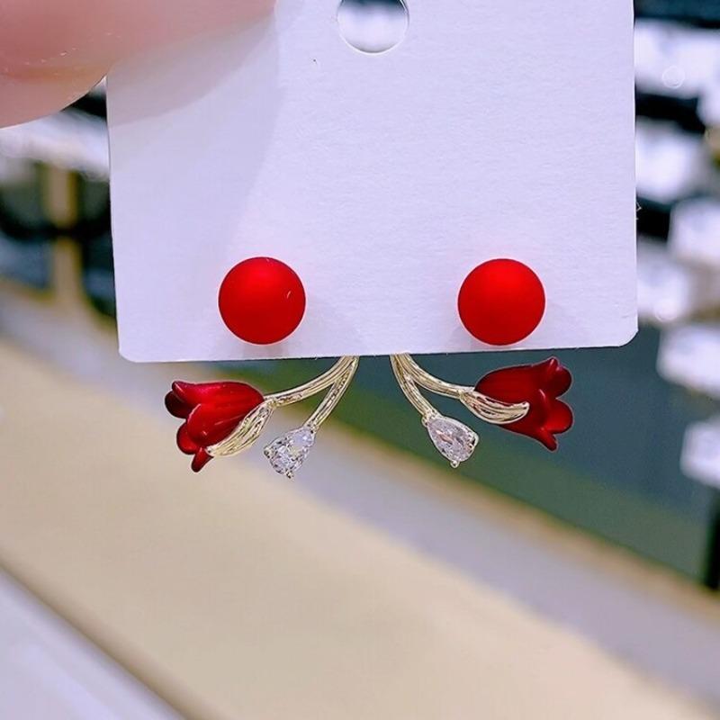 Two Wear Sweet Tulip Red Earrings For Women Luxury Post Hanging Ear Studs