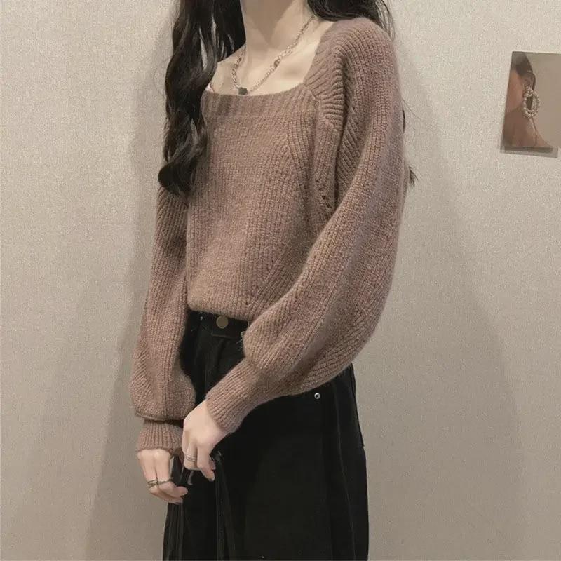 European Style Women's Lantern Sleeve Knitted Sweater Top