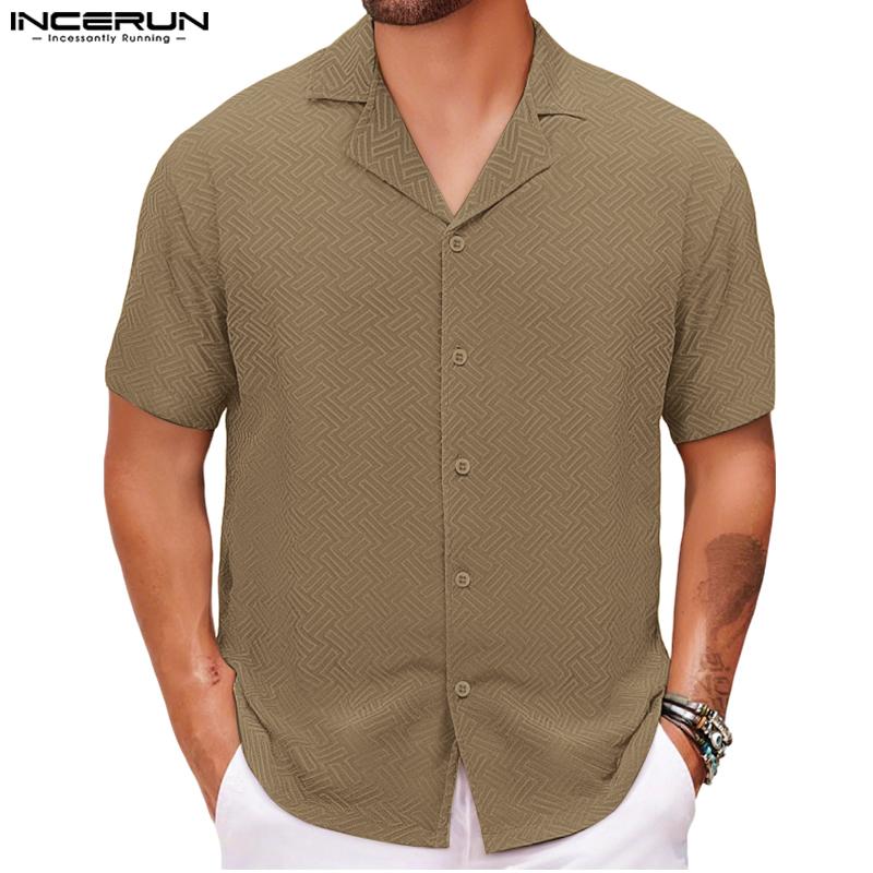 INCERUN S-5XL Men Lapel Short Sleeve Texture Buttons Casual Loose Shirts