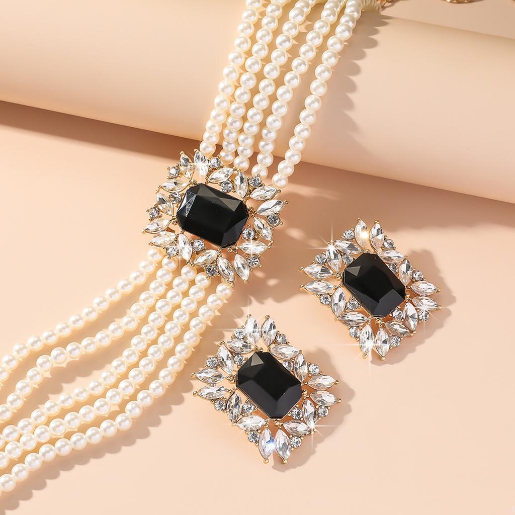 Trendy Geometric Shaped Colorful Crystal And Imitation Pearls Layering Necklace Earring Jewelry Set for Fashionistas