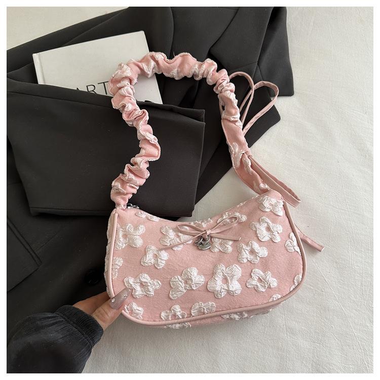 Sweet Korean Style Floral Jacquard Underarm Bag Women's Fashion Bow Heart Shoulder Bag with Ruffled Strap