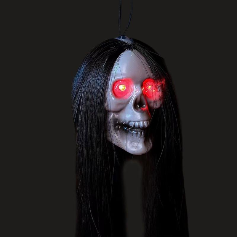 Hanging Skull Halloween Indoor Decoration Spooky Glowing Long Hair Skull Festival Glowing Skull  Room Decors 6PCS