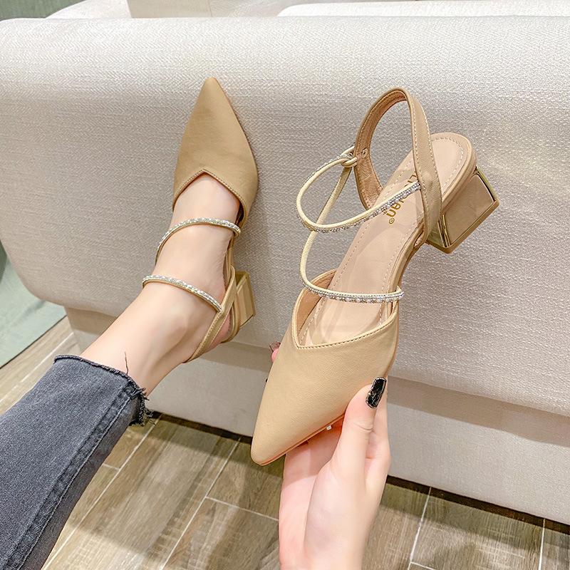 Fashion Summer Crystal Ankle Strap Sandalias for Ladies Pointed Toe Thick Heel Sandals Large Size 34 43 Sandalias De Mujer Shoes Woman