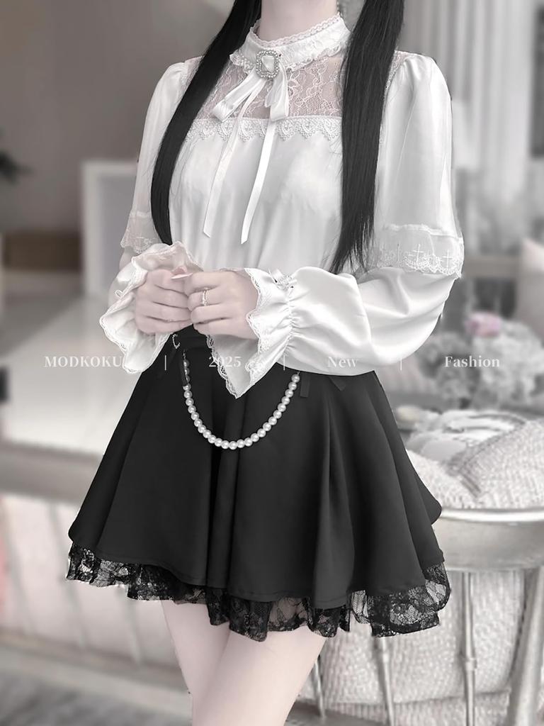 Bluse und Mini-Kreuz Große Größe Klein [MODKOKU] Damen Umhang-Stil 3-teiliges Set, Rock, Spitze, Rüschen, Schleifen, Lolita, Design, Gothic, Schnürung, Moe,