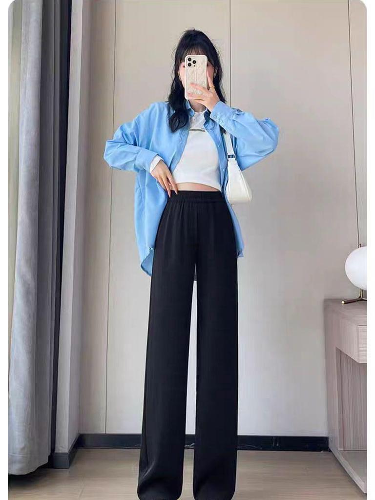 Women's Versatile Black Wide-Leg High-Waisted Pants for Spring and Summer