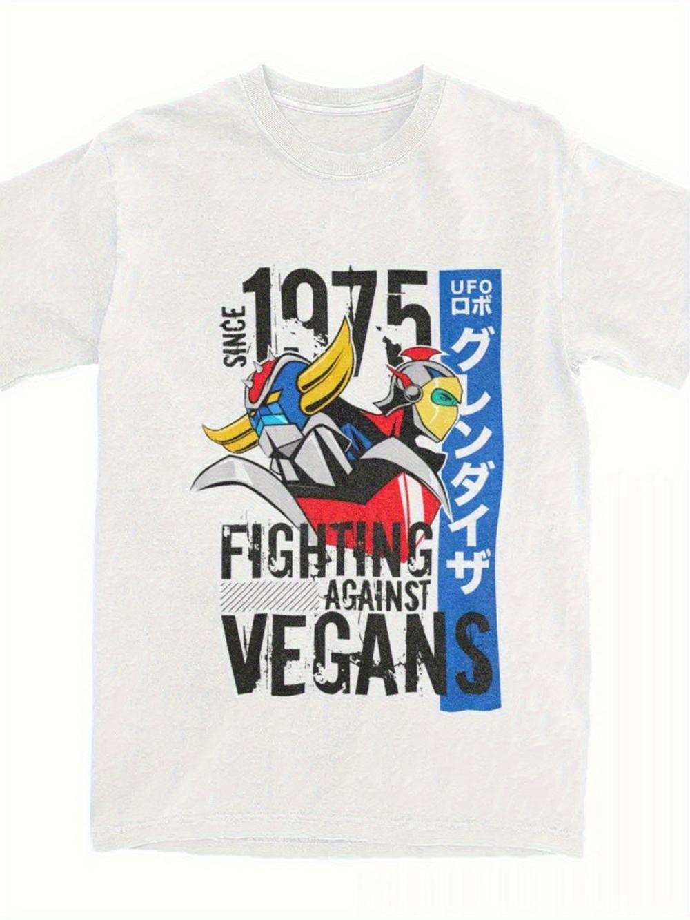 1975 UFO Robot Grendizer Goldorak Retro Anime Graphic TShirt Fight Vegans Design Black with Blue Red Accents Short Sleeve S
