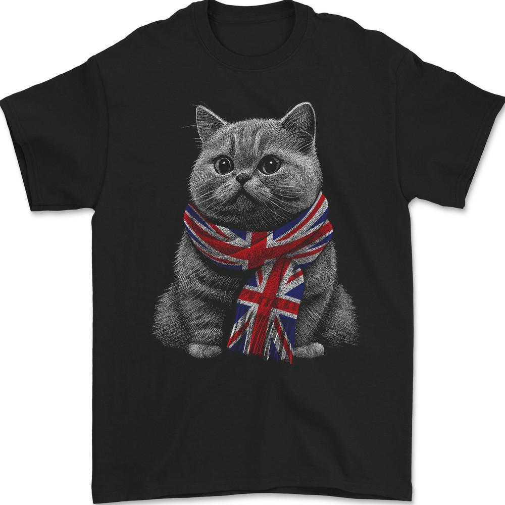 A Cat With a Union Jack Scarf Great Britain Mens Gildan Cotton T-Shirt Unisex T-Shirt Graphic Tee M