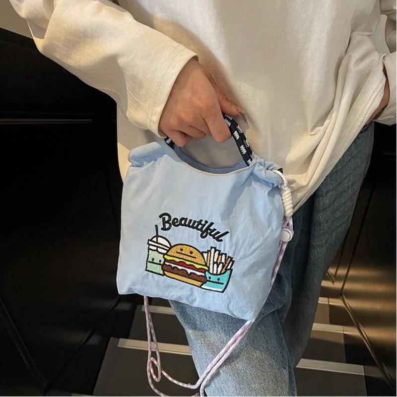 Fashion Sweet Nylon Embroidered Canvas Shoulder Bag Casual Commuter Student Small Square Bag Trend Versatile Crossbody Bag