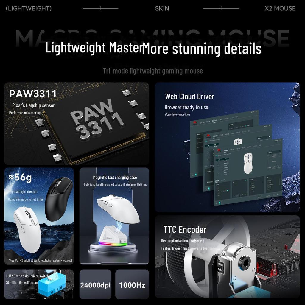 Free Wolf X2 Wireless Bluetooth RGB Gaming Mouse with PAW3311 Sensor and Charging Base