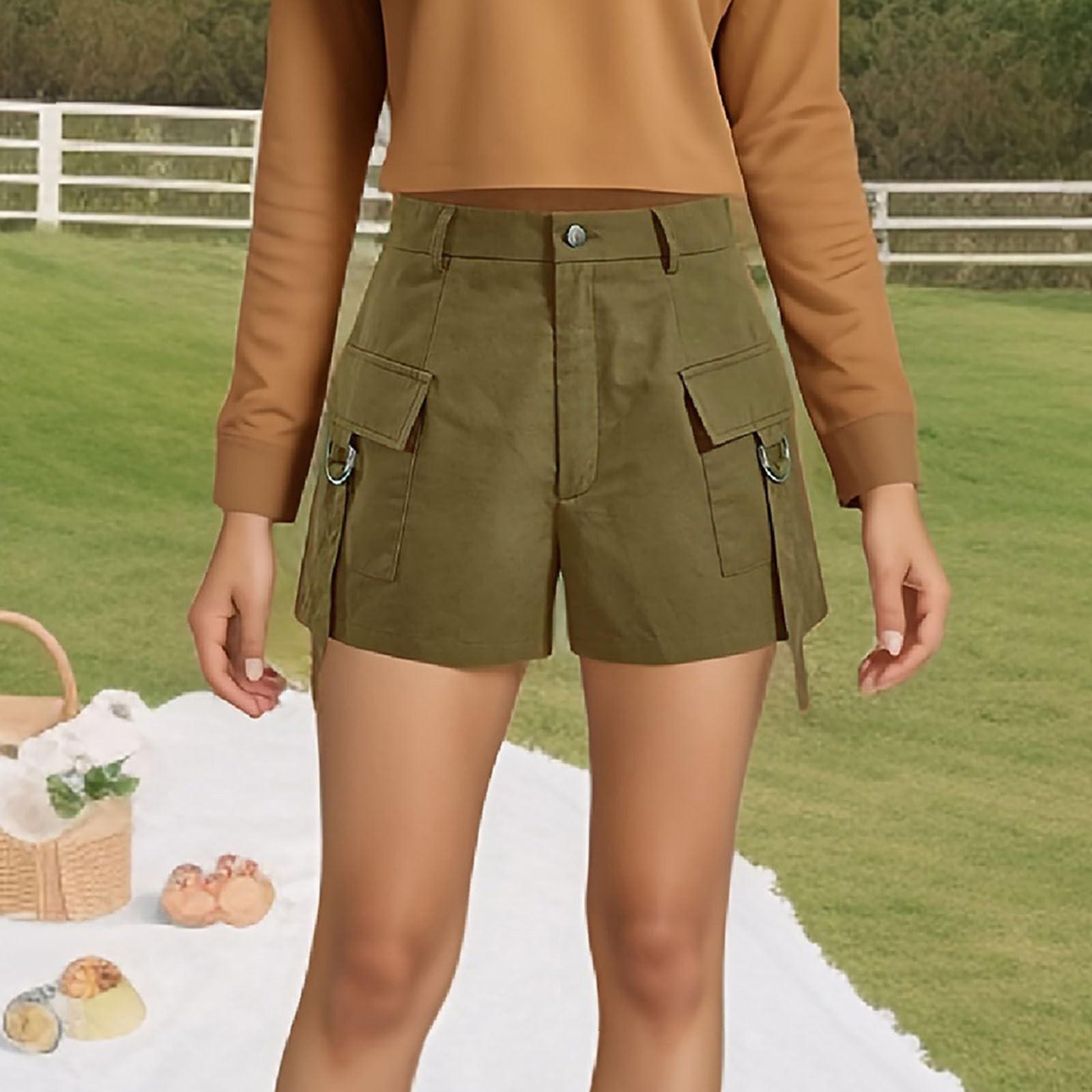 

Женские шорты, модные однотонные повседневные прямые свободные брюки с карманами и спецодеждой M армия зеленый