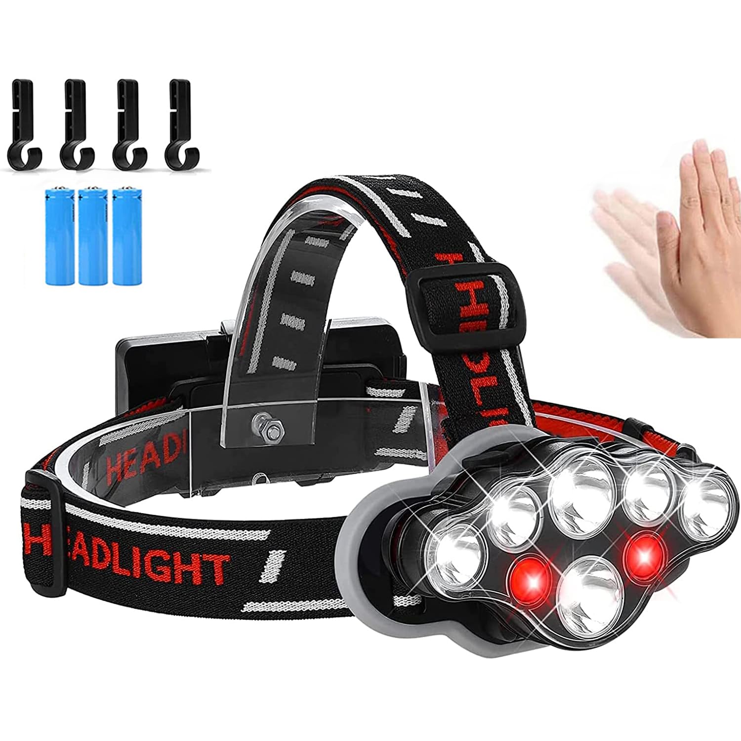 

8 LED Super Rechargeable Red and White Hand Motion 9000mAh Lightweight Headlamp for USB Helmet 8 Lighting Adjustable Red 4 Helmet 3 PSE Certified