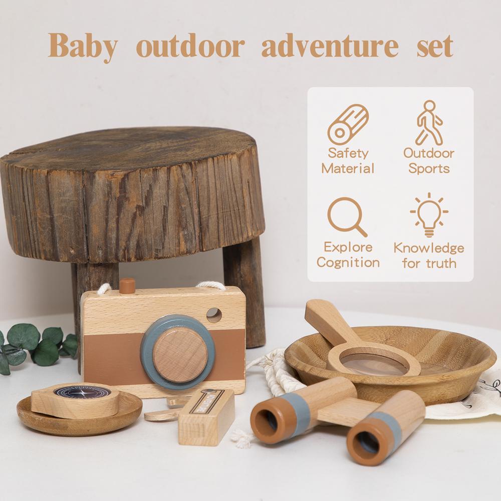 Montessori Wooden Toys Baby Outdoor Adventure Camera Magnifier Compass Telescope Wooden Knife Set Adventurer Role Playing Gift