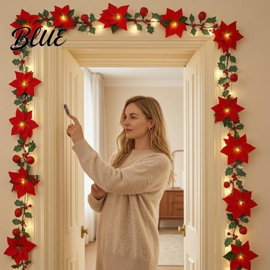 Low Voltage LED String Christmas Poinsettia Lights 200/300cm Red Green Floral Garland Battery/USB Gift for Home Operated Indoor Outdoor Fairy Light