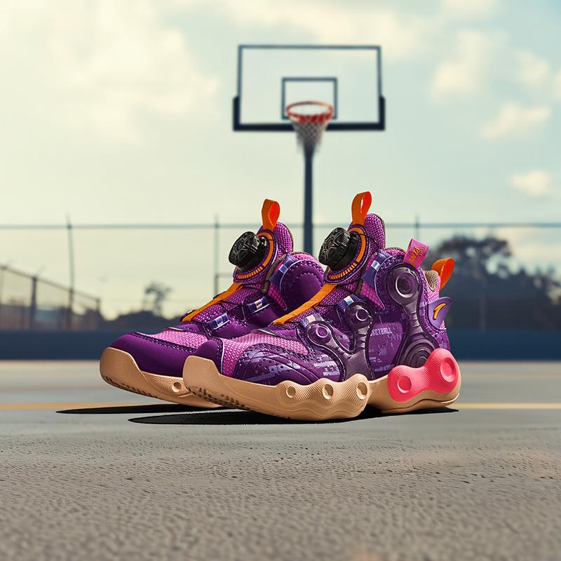 Anta Kids Asymmetrical Synthetic Leather Trendy Cool Non-Slip Durable Mid-Top Basketball Shoes Kids basketball shoes Purple A12449901-3