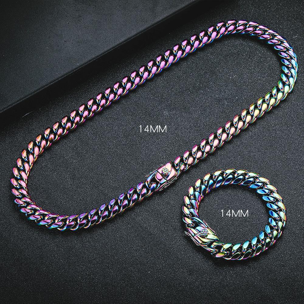 

Красочный набор кубинской цепочки и браслета из закаленной титановой стали для мужчин и женщин - Ослепительный хип-хоп стиль 12MM x 21.5CM Bracelet