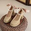 New Mary Janes Pumps for Womens Shoe Round Toe Shallow Mouth Beaded Bow 8.5CM Thick High Heels Office Shoes Size 34-43
