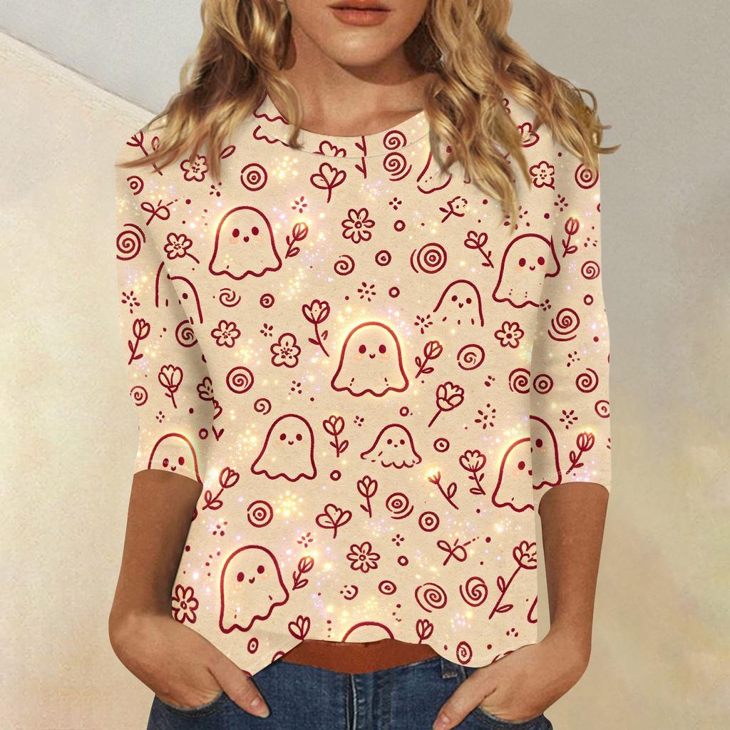 Women’s Casual Three Quarter Sleeve Halloween Print Crew Neck Top with Relaxed Fit for Seasonal Wear and Everyday Outfits