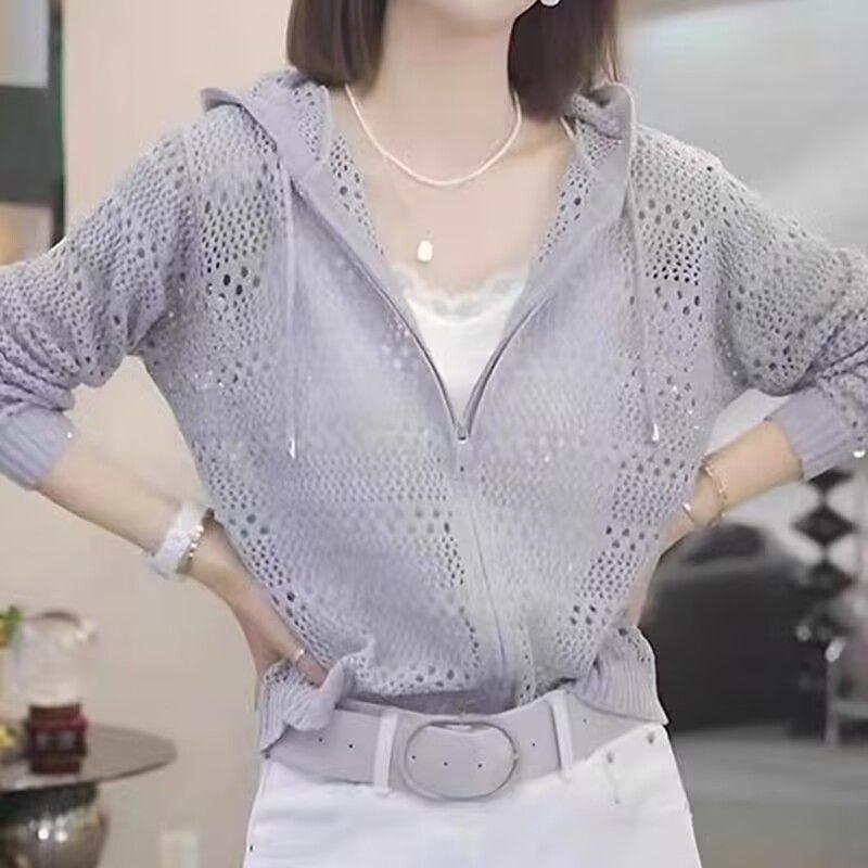 Hooded Openwork Zipper Knit Cardigan: Women's Casual Long Sleeve Sweater for Autumn & Spring