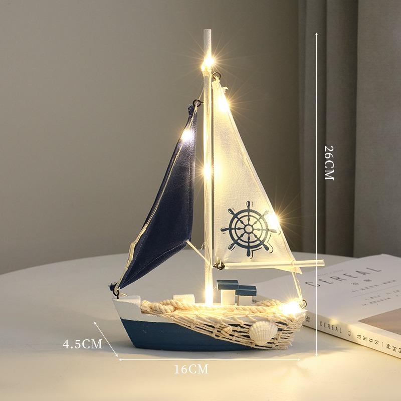 LED Wooden Sailboat Model, Nautical Mediterranean Style Home Decor, Coastal Sea Theme Tabletop Boat Ornament, Sailing Ship Gift