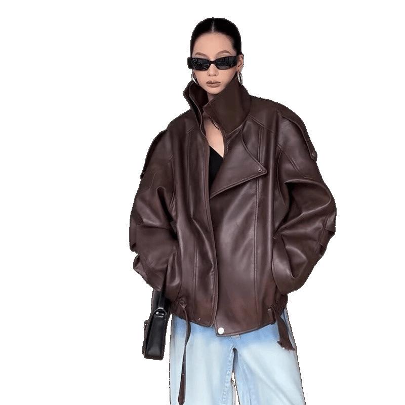 Women's American Retro Coffee Leather Motorcycle Jacket (Autumn 2024) - Short, Loose, Slimming Design