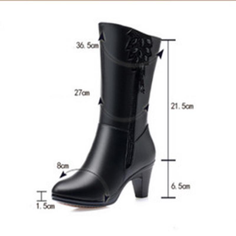 Ekte skinn Vinterstøvler av høy kvalitet Kuskinn Vinterstøvler Høyhæl Ull Varme Kvinnelige Duskstøvler