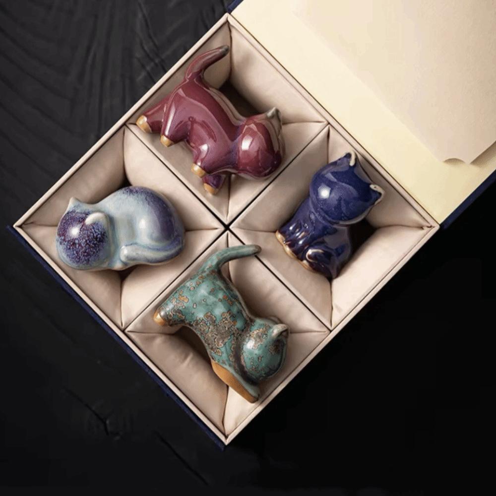 1/4pcs Cat Tea Pet Ceramic Ornament Chinese Style Desktop Decoration Jun Porcelain Cat Tea Pet Craft Animal Figurines New Year