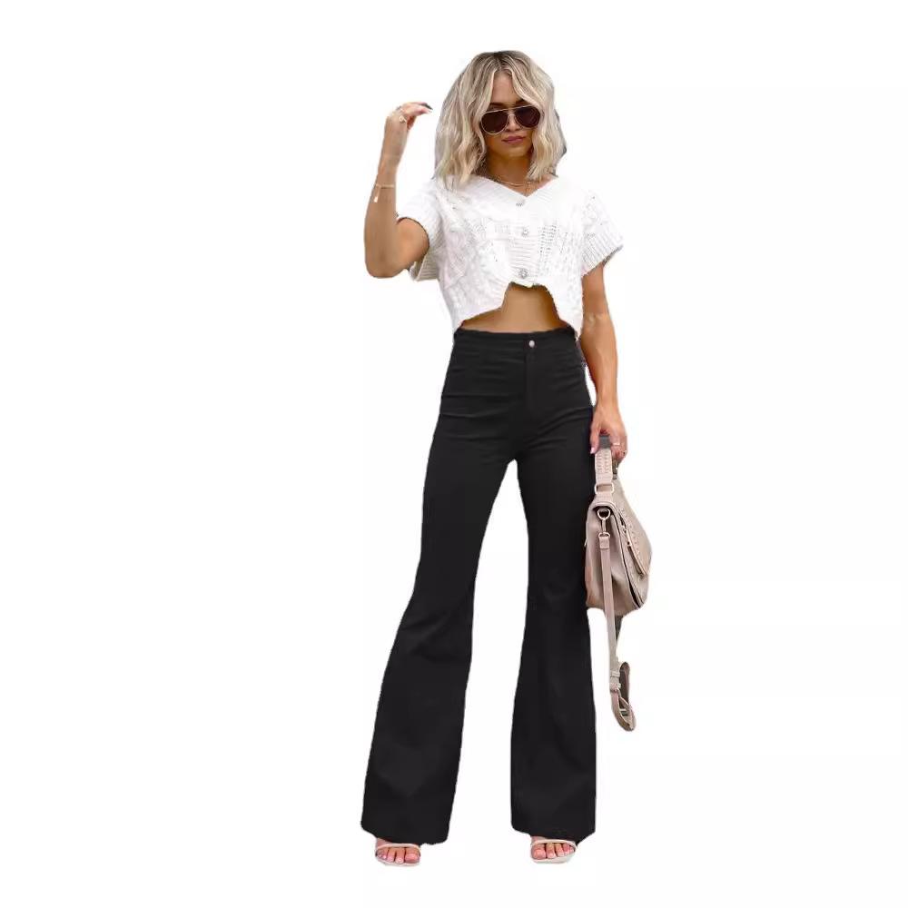 Winter Solid Color Corduroy Casual Fashion Temperament Women's Trousers Casual Retro High Rise Single Button Slim Hip Flared Trousers