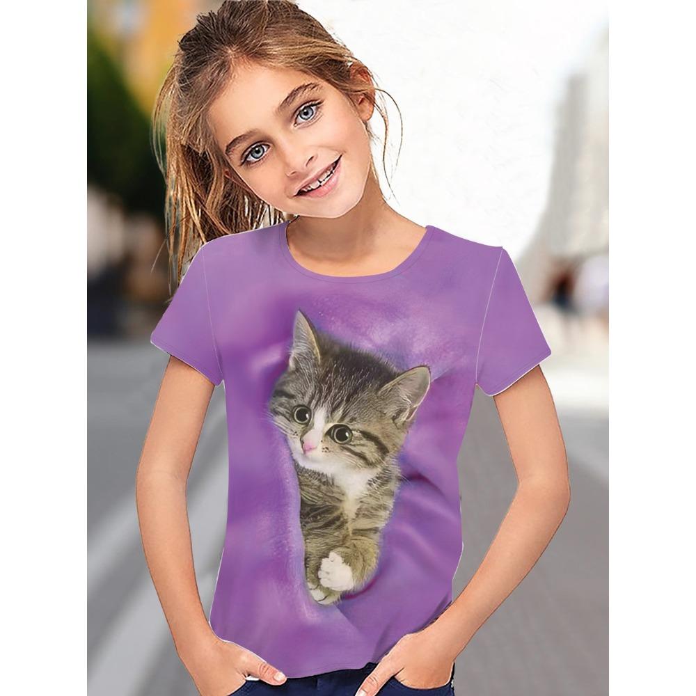 T-Shirt for Girls Cute Kitten Girls Clothes Kids 3d Print Summer Short Sleeve Children Outdoor Sports Tops for Girls