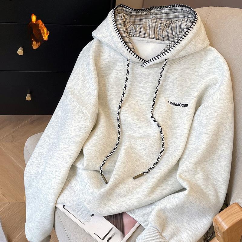 Kurz geschnittener Kapuzenpullover Damen Herbst/Winter Locker Groß geschnitten Fleece Dick gestrickt Gesteppt Langärmelig Obermantel