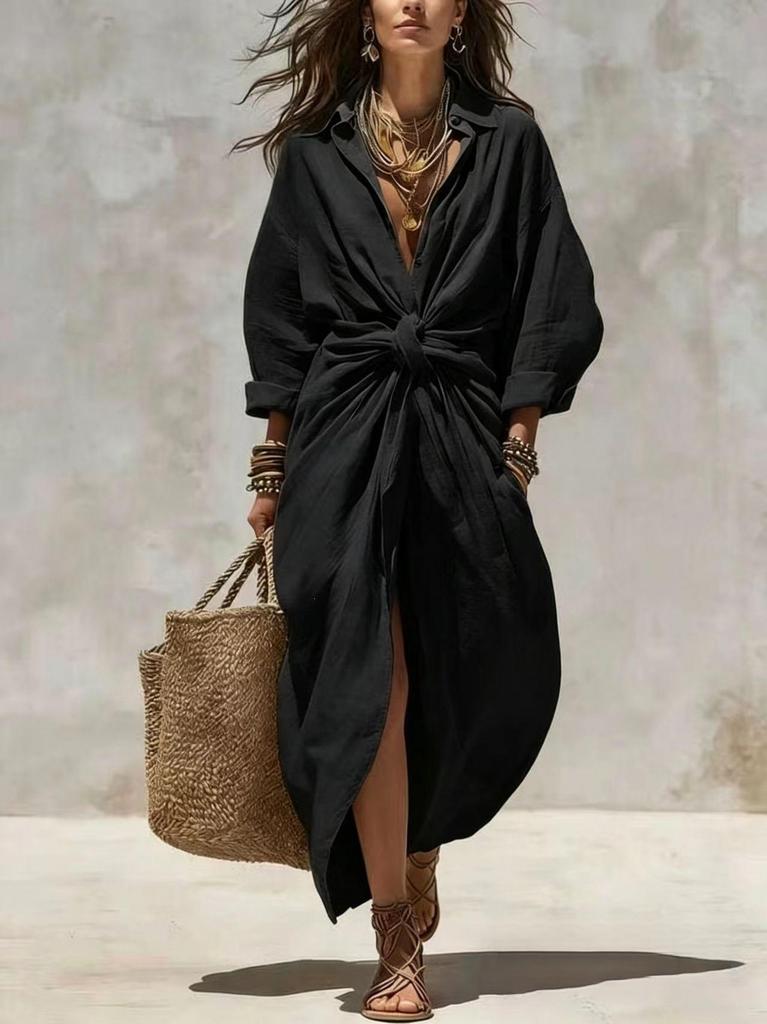 2026 Women's Solid Color Shirt Collar Long Sleeve Pocket Cardigan Dress