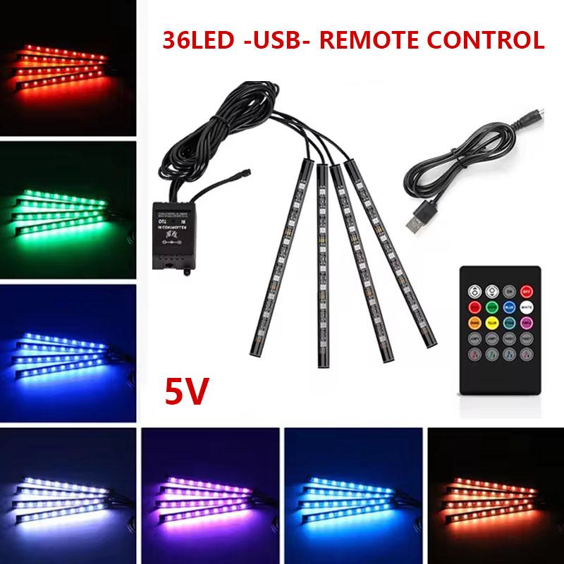 Neon 36LED Car Interior Ambient Foot Light Strip 4 in 1 with USB Wireless Remote Music APP Control Auto RGB Atmosphere Lamp