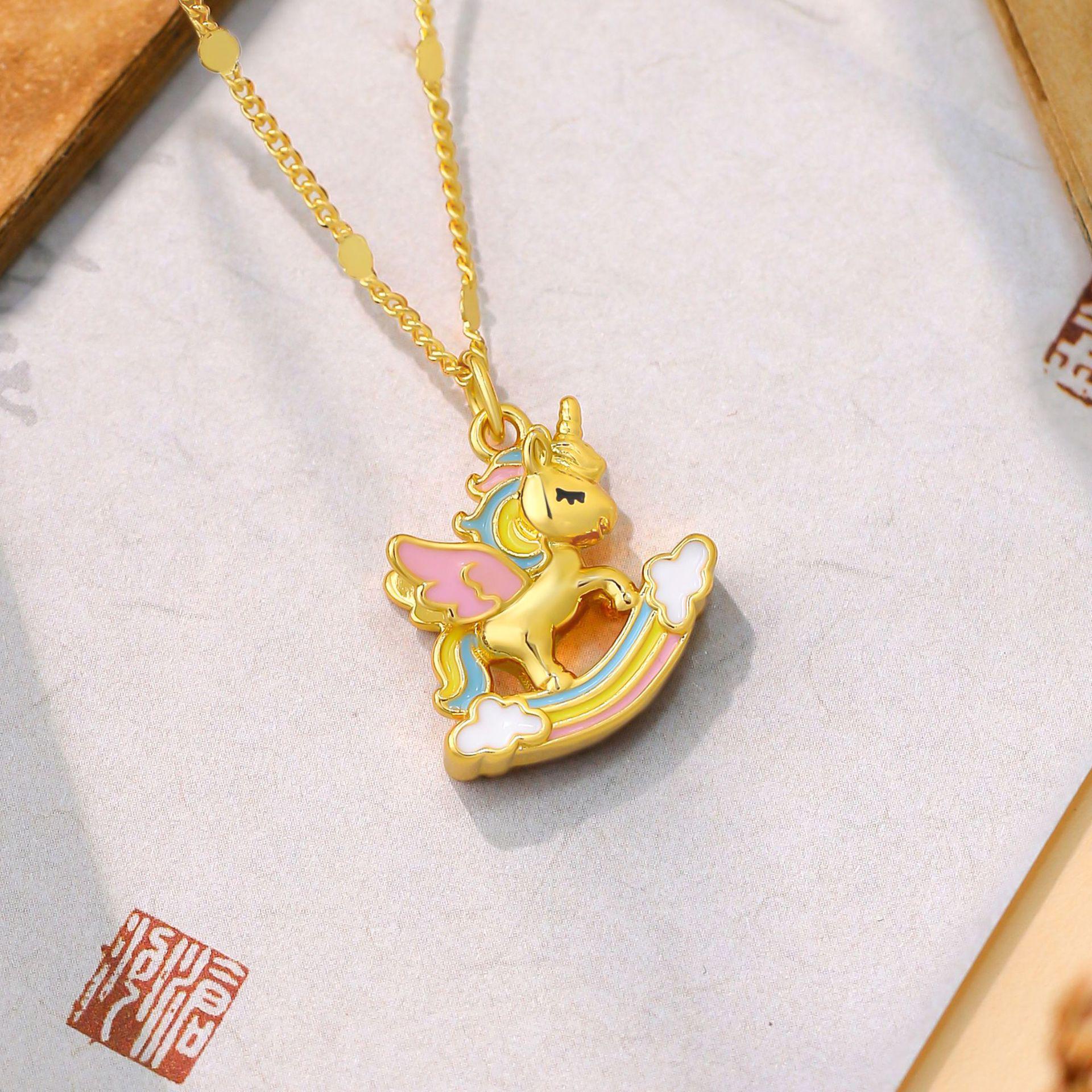 Zodiac Unicorn Pendant Necklace with Enamel and Gold Plating Gold Plated