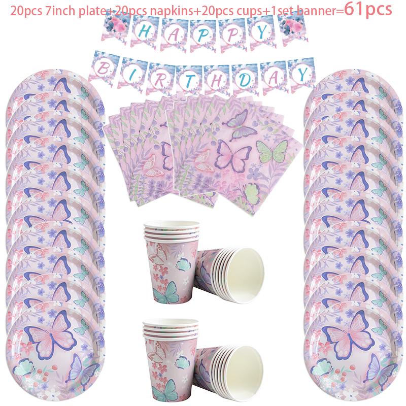 Pink Butterfly Disposable Tableware Happy Girl's Birthday Party Decorations Kids Butterfly Theme Party Decoration Baby Shower