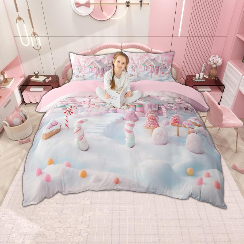 Homewish Girls Merry Christmas Duvet Cover Set Lovely Gingerbread Bedding Set Cartoon Xmas Tree Bedroom Set Room Decor