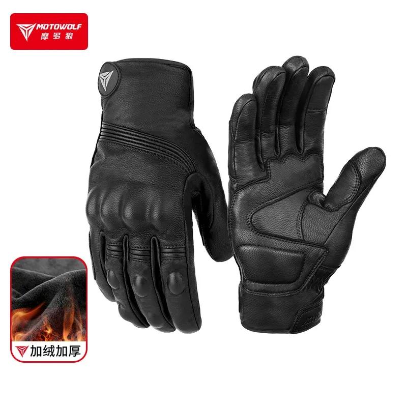 MOTOWOLF Motorcycle Winter Riding Windproof Snow Warm Gloves Leather Thickened Plush Thermal Snowmobile Glove Motocross Mittens