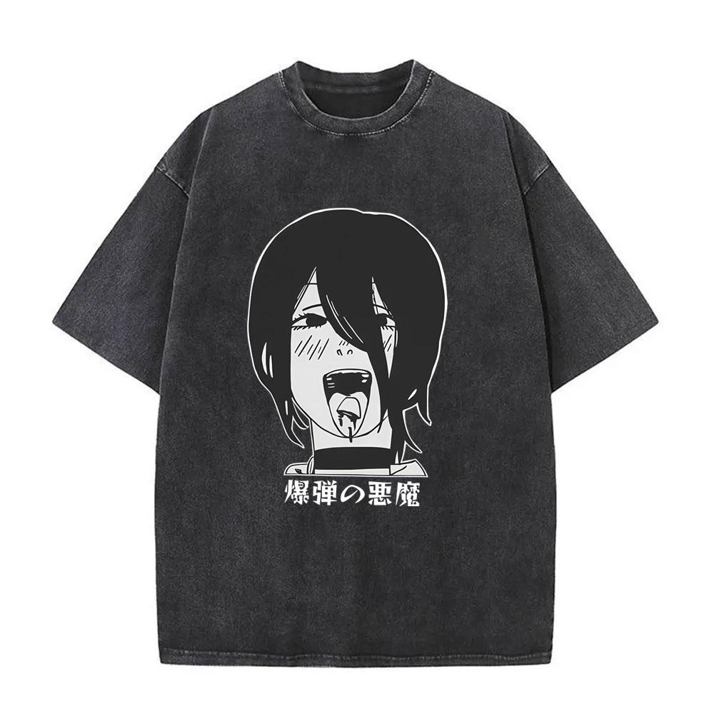 Japanese Anime Chainsaw Man Washed Vintage Print Tshirt Cartoon Reze Graphic T Shirt Men Women Manga Casual Oversized T Shirts